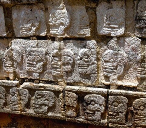 muro de piedra de cabezas de calaveras en chichén itzá - excursiones de un día desde Mérida